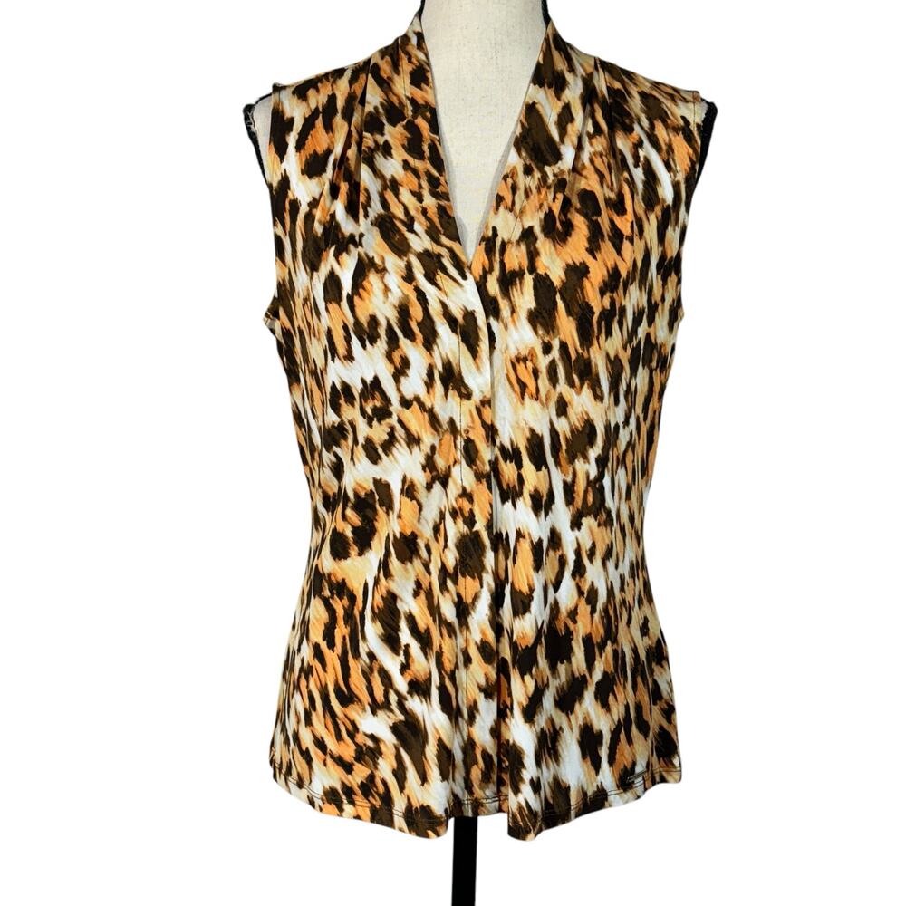 Calvin Klein Medium Top Leopard Print Sleeveless V-Neck Stretch Pullover Multi